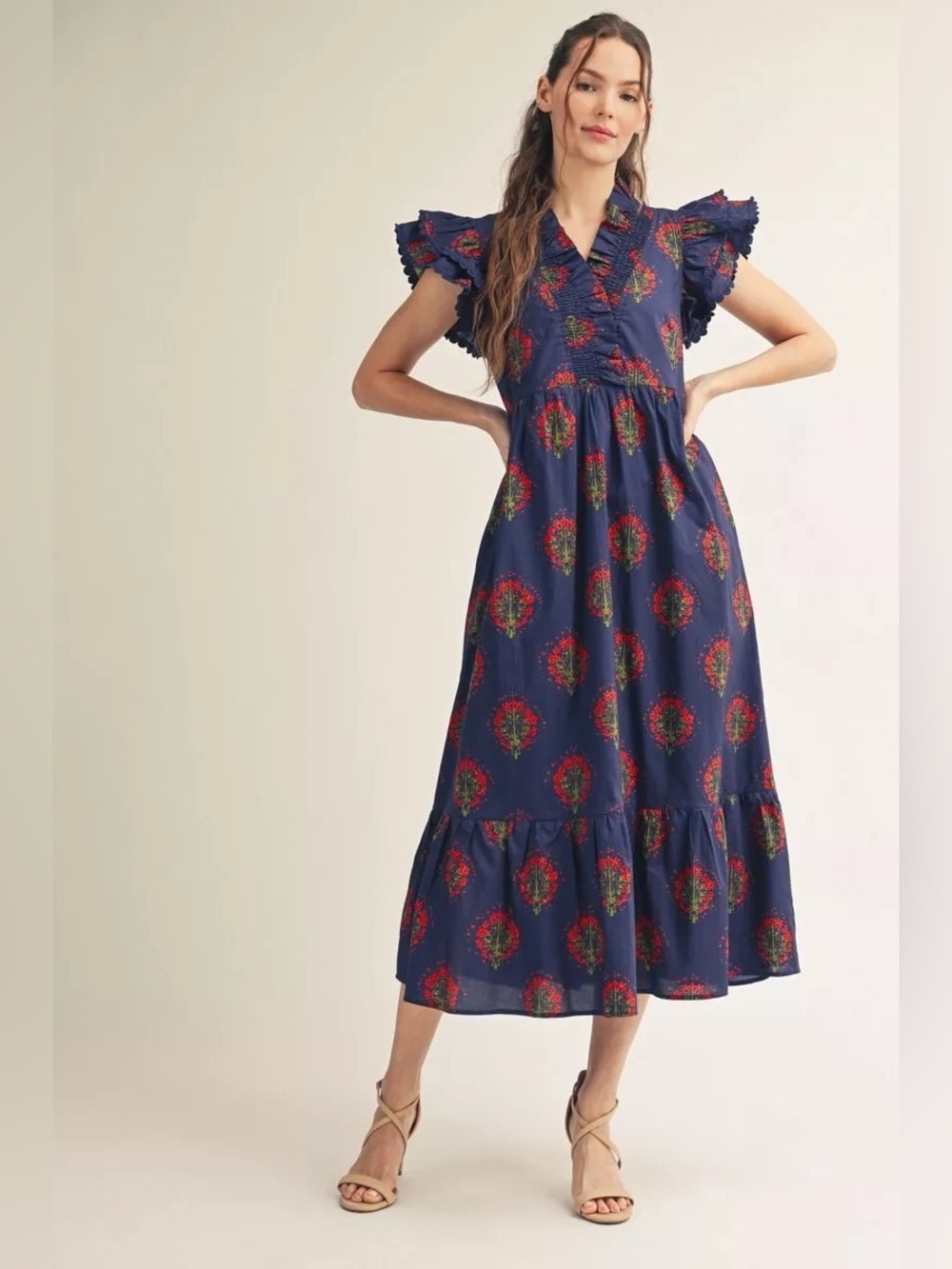 JODIFL Navy Maxi Dress with Red & Green Floral Medallions Pleated Neck Ruffle S